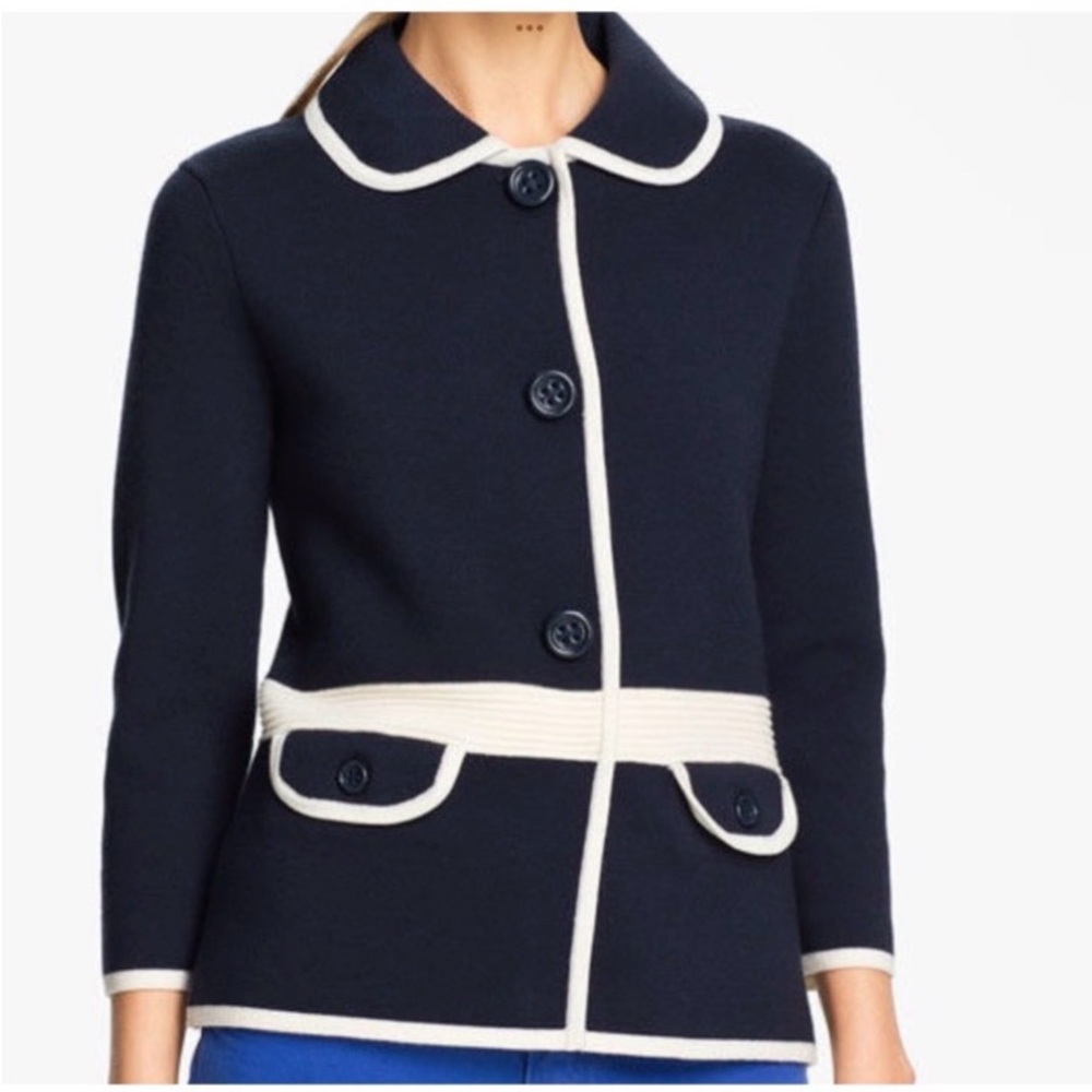 Kate Spade Mayson Sweater Navy Cream‎ Wool Blend Contrast Trim Knit  6 Old Money